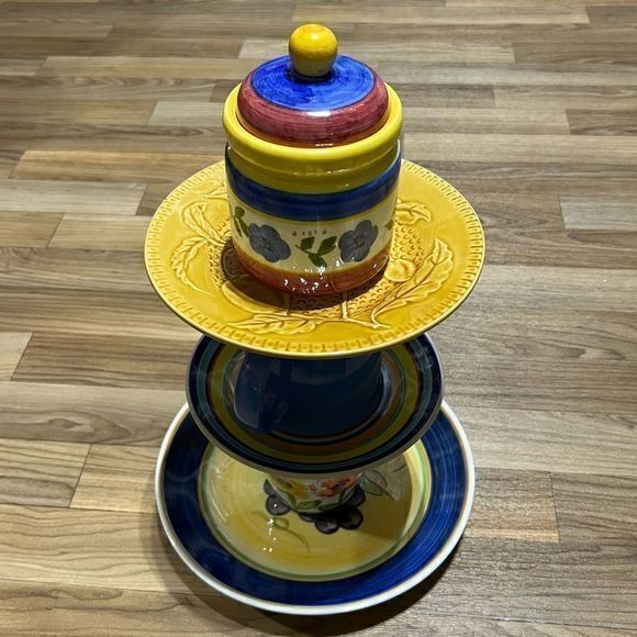 Beautiful Plate Mug Jar Dinnerware Three Tiered Serving‎ Tower Decor Blue Yellow - Picture 1 of 9